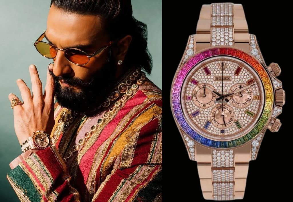 Ranveer Singh Wearing Rolex Daytona “Rainbow” in Everose Gold (Ref. 116595RBOW), 40mm Dial