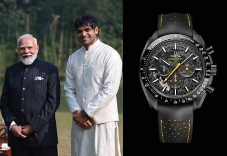 Neeraj Chopra was spotted wearing Omega Speedmaster Dark Side of the Moon alongside PM Narendra Modi, Ref: 310.92.44.50.01.001